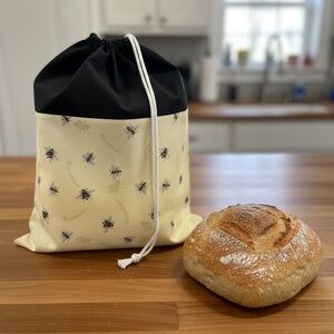 Yellow Bumblebee Cotton Bread Bag with Black Top, Reusable Sourdough Storage